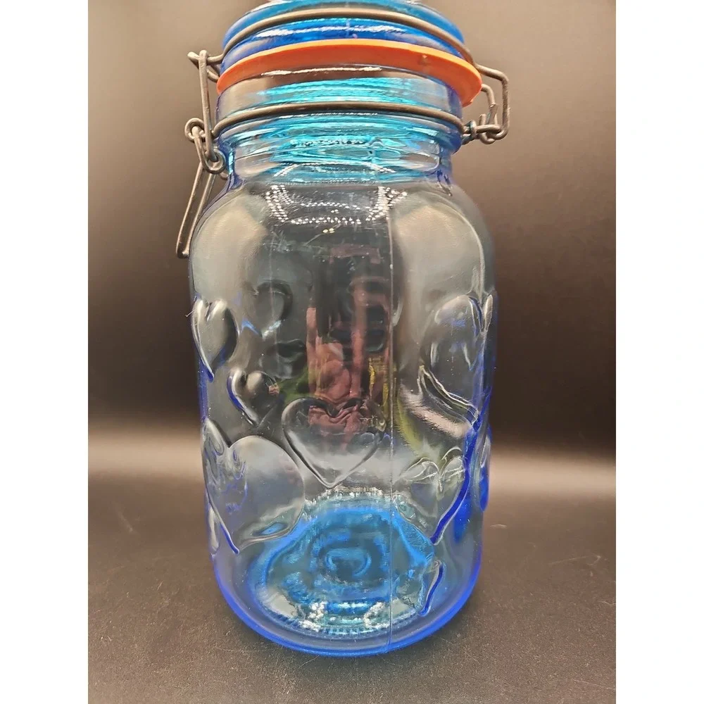 Vintage Blue Glass Storage Jar Hearts Crownford Giftware Corp  9in Tall  002